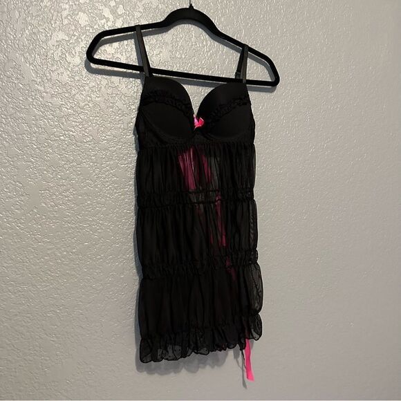 🍄Native intimates black & bright pink bow lingerie babydoll open back top/dress - Picture 2 of 9